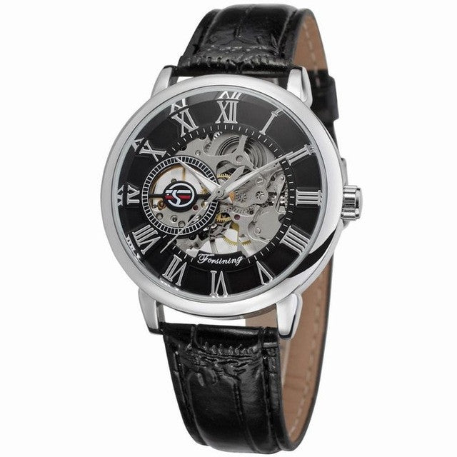 Hollow Mechanical Skeleton Transparent Style Leather Wrist Watch