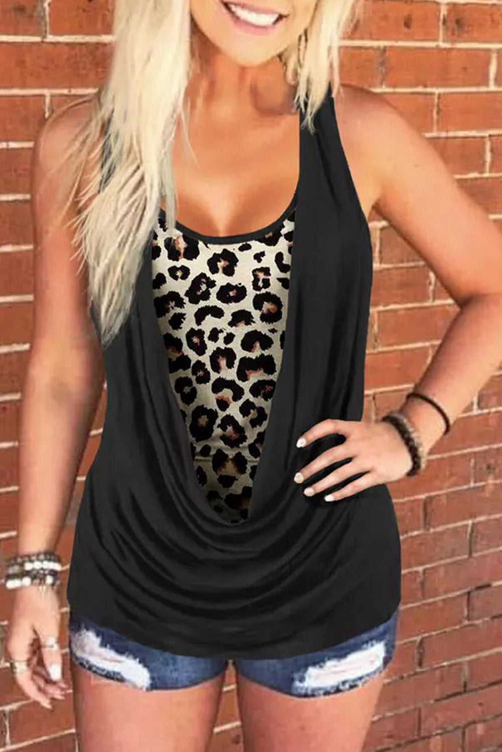 Black Leopard Ruched Fake Two Piece Tank Top - Babbazon Tank Tops