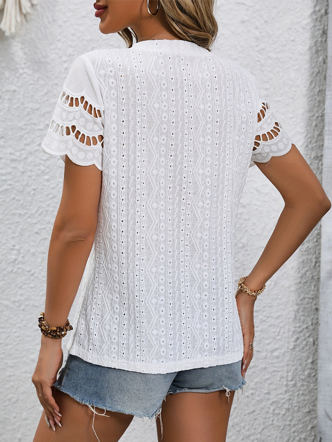 Full Size Eyelet Round Neck Short Sleeve Top 