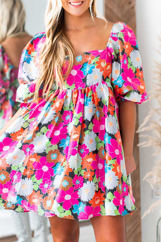 Rose Floral Print Square Neck Short Puff Sleeve Dress - Babbazon Short Dresses