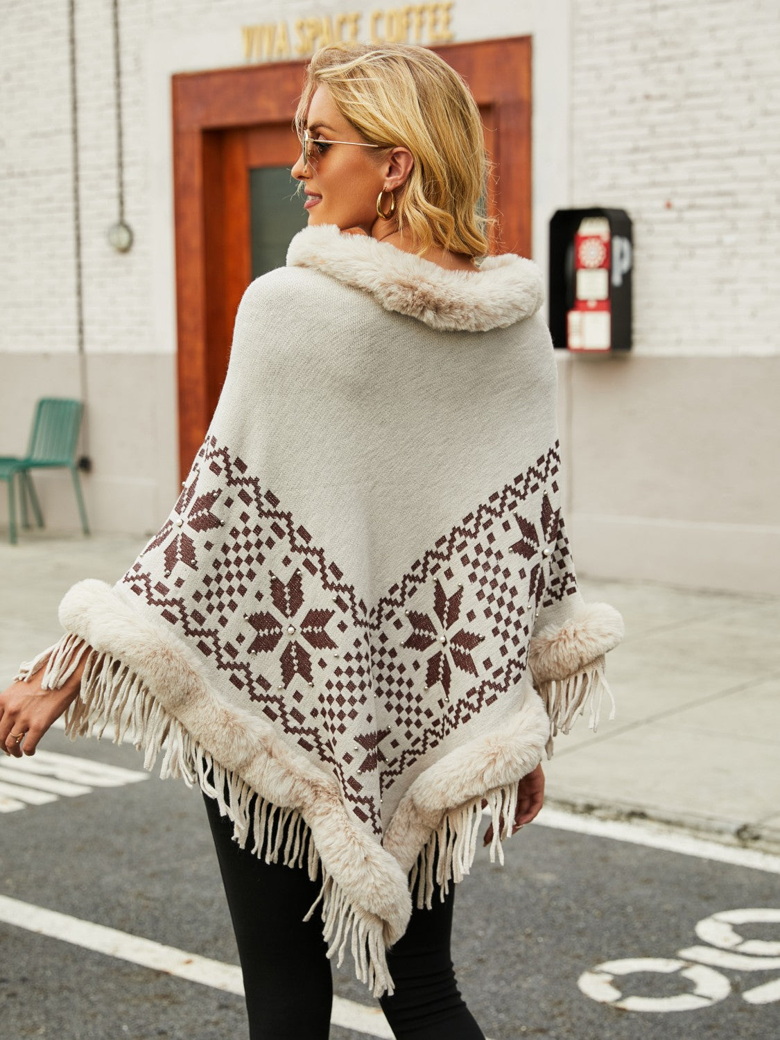 Fringe Geometric Cape Sleeve Poncho 