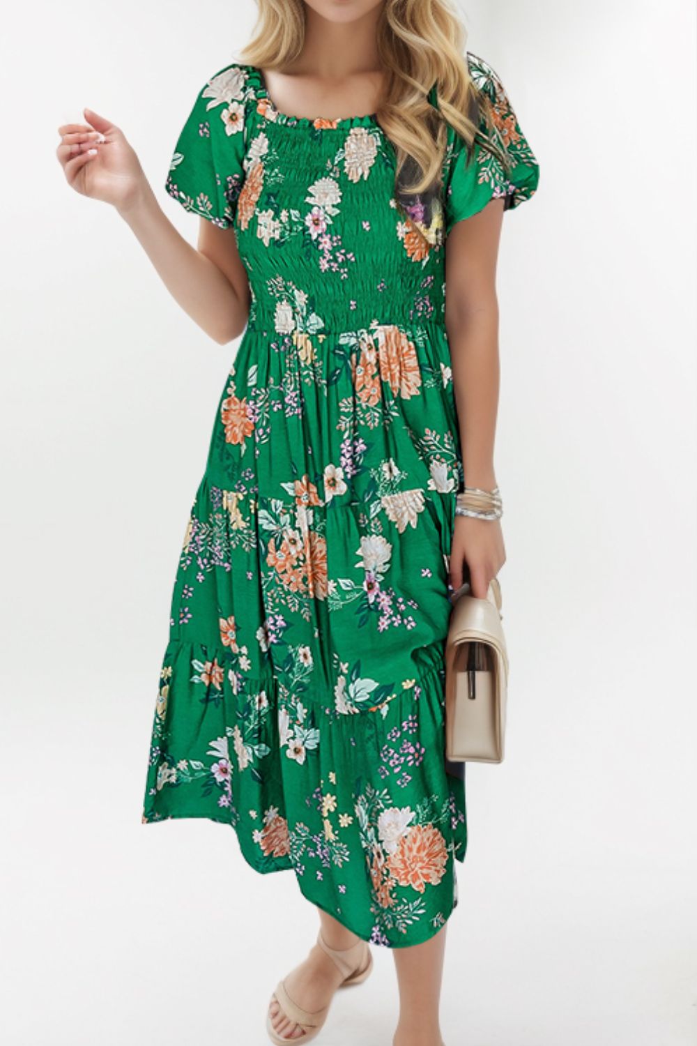 Smocked Printed Puff Sleeve Midi Dress - Babbazon new