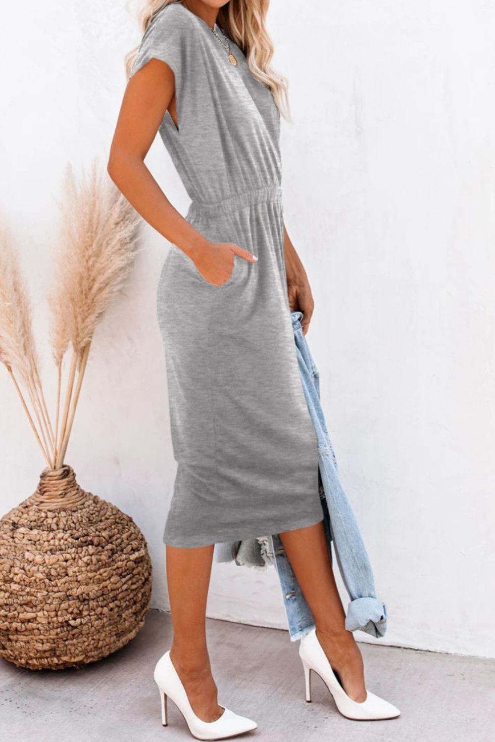 Pocketed Round Neck Cap Sleeve Dress 