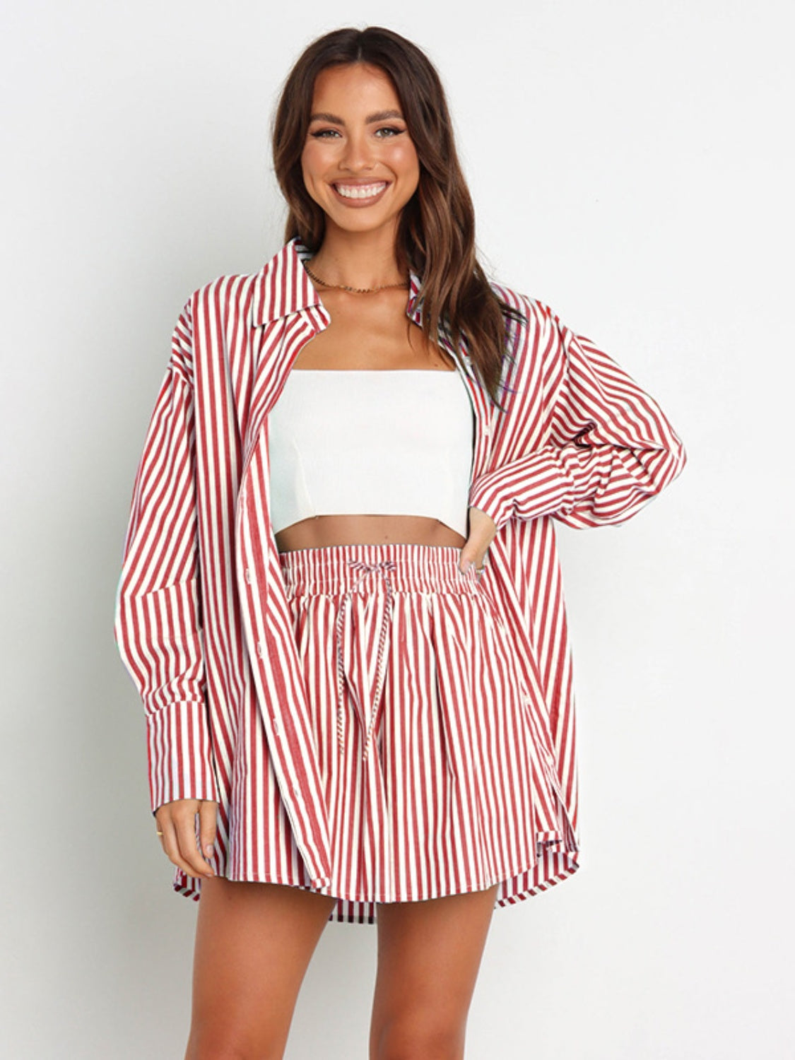 Striped Dropped Shoulder Shirt and Shorts Set - Babbazon new