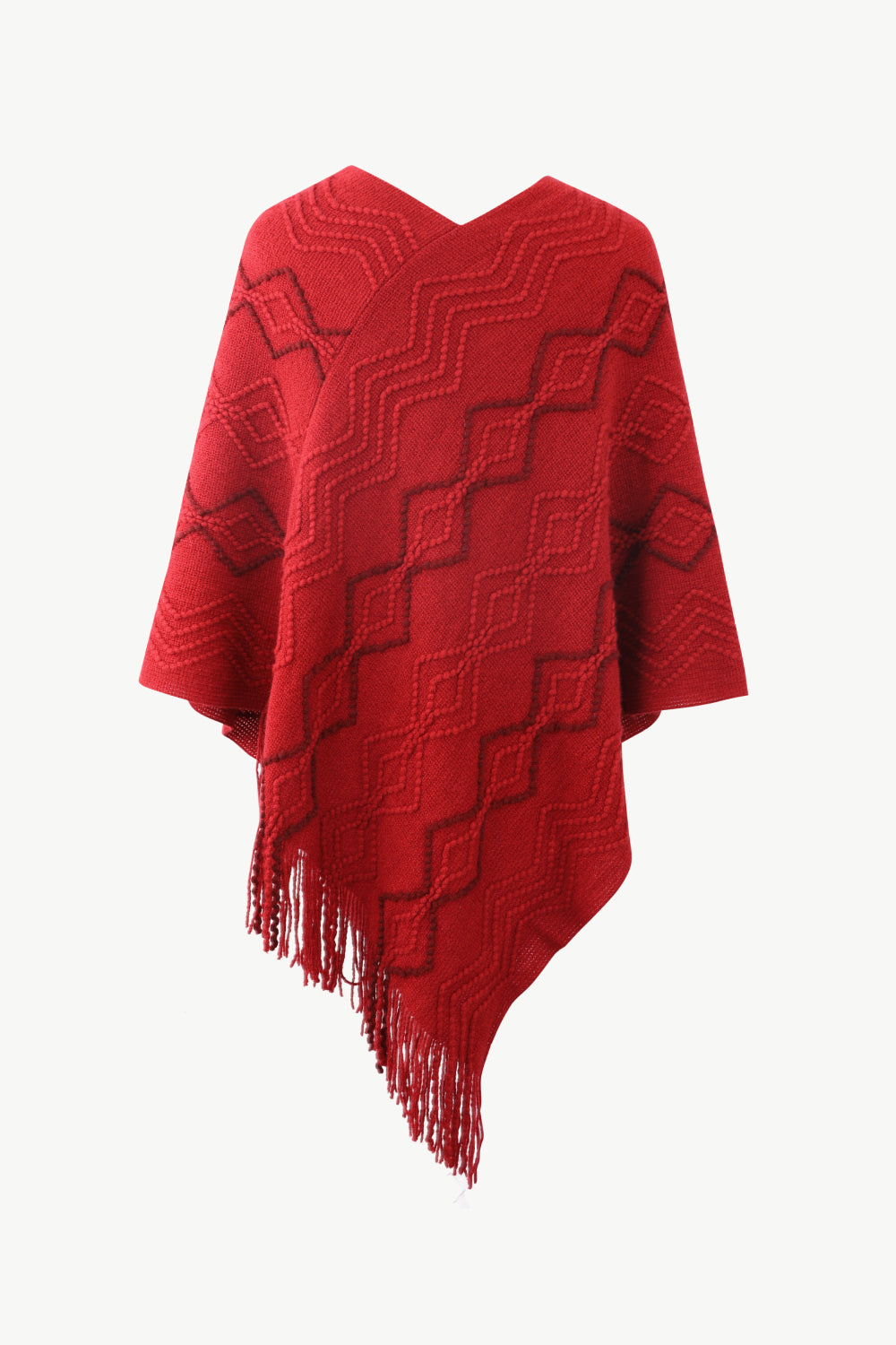 Pearl Trim V-Neck Fringe Hem Poncho 