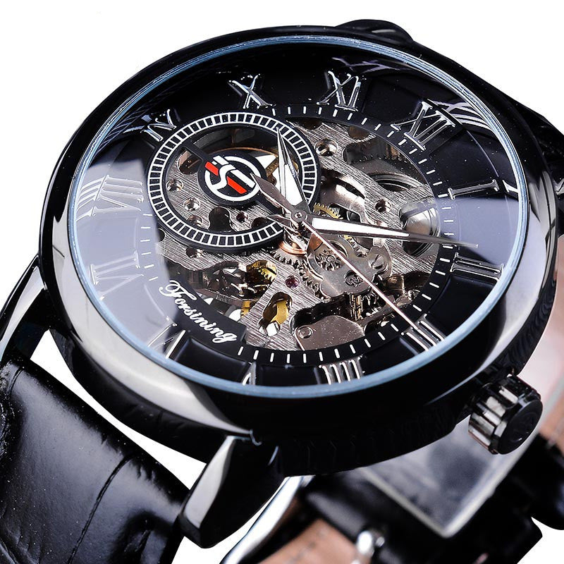 Hollow Mechanical Skeleton Transparent Style Leather Wrist Watch