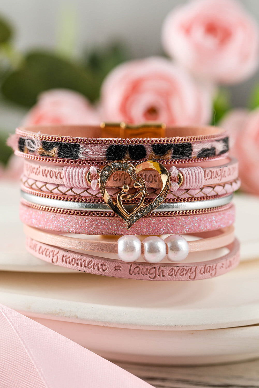 Pink Leopard Letter Print Heart Shaped Magnetic Buckle Bracelet - Babbazon Bracelets