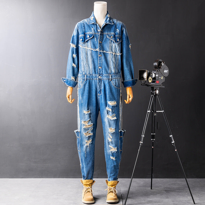 Men's Denim Hip Hop Ripped Wash Cargo Jumpsuit