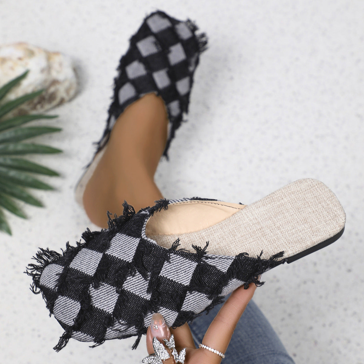 Plaid Square Toe Flat Slippers - Babbazon New Products