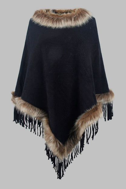 Faux Fur Trim Fringed Poncho 