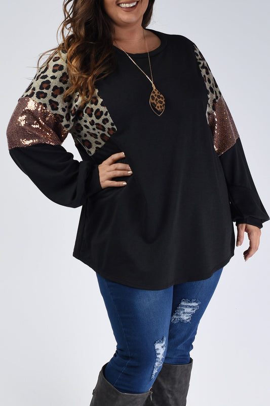 Black Plus Size Leopard Sequin Patchwork Long Sleeve Top - Babbazon Plus Size Tops