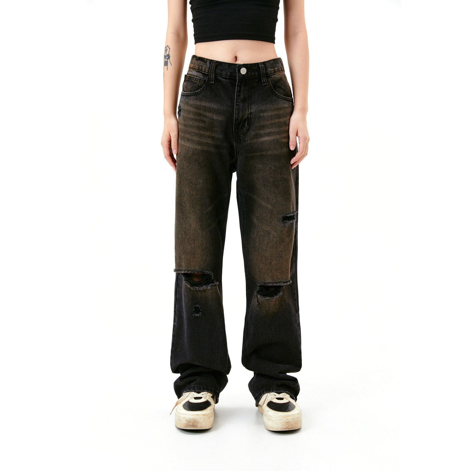 American Street Washed Old Mud Dyed Damaged Trousers Men's Jeans