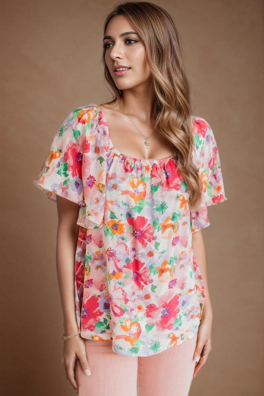 Printed Scoop Neck Flutter Sleeve Blouse - Babbazon New Products