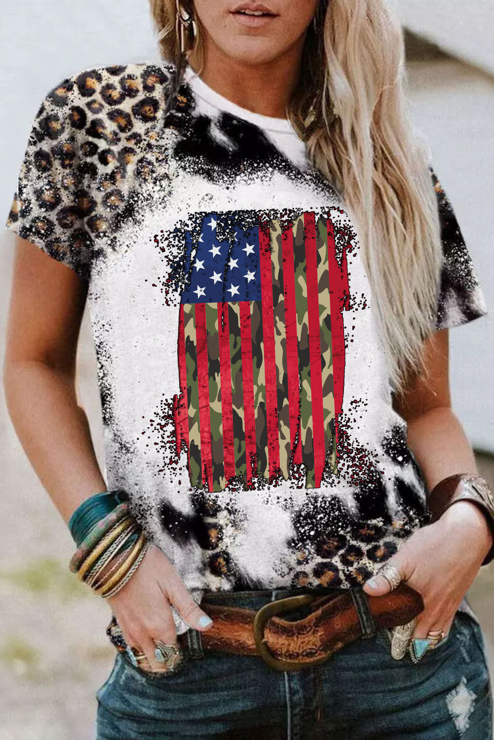 Leopard Vintage American Flag Graphic Tie Dye T Shirt - Babbazon Graphic Tees