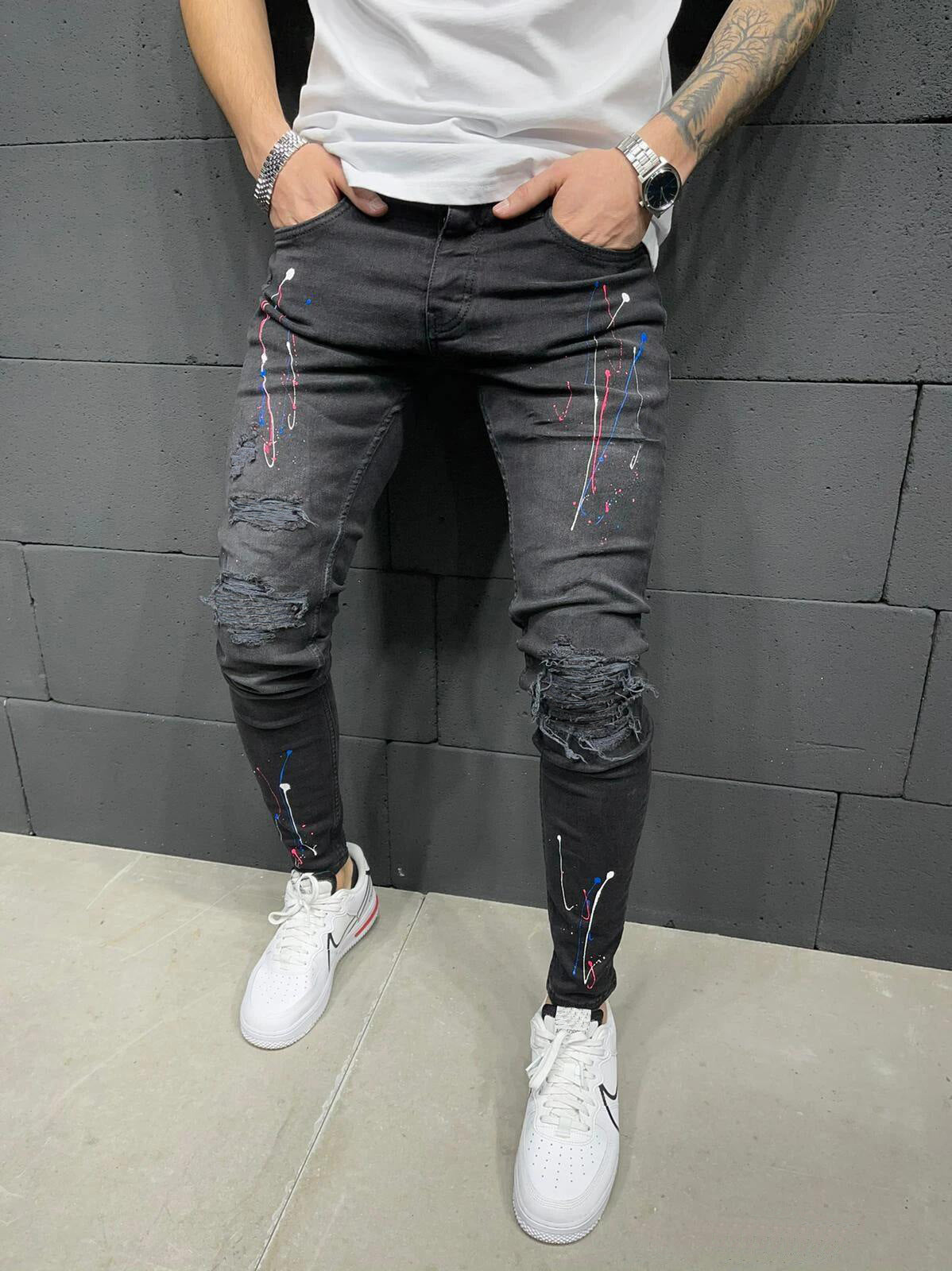 Men's Ripped Printed Jeans With Paint-stretch Stretch Feet