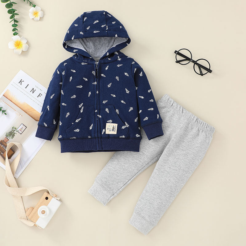 Fall Boy's Sweatshirt Set, Children's Fashion Hooded Zipper Jacket, Trousers Two-Piece Set