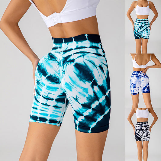 Tie-dye Printed Yoga Shorts Fashion Seamless High-waisted Hip-lifting Pant Sports Running Fitness Pants For Womens Clothing 