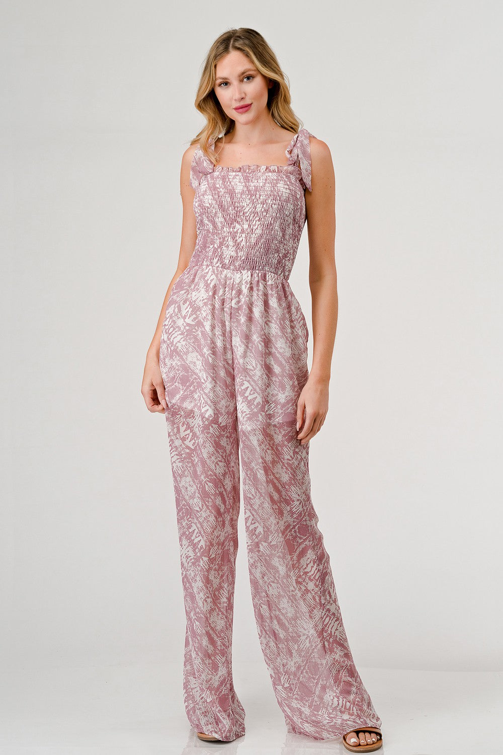 GeeGee Printed Tie Shoulder Wide Leg Jumpsuit - Babbazon New Products