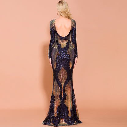 Spliced mopping long sequin dress