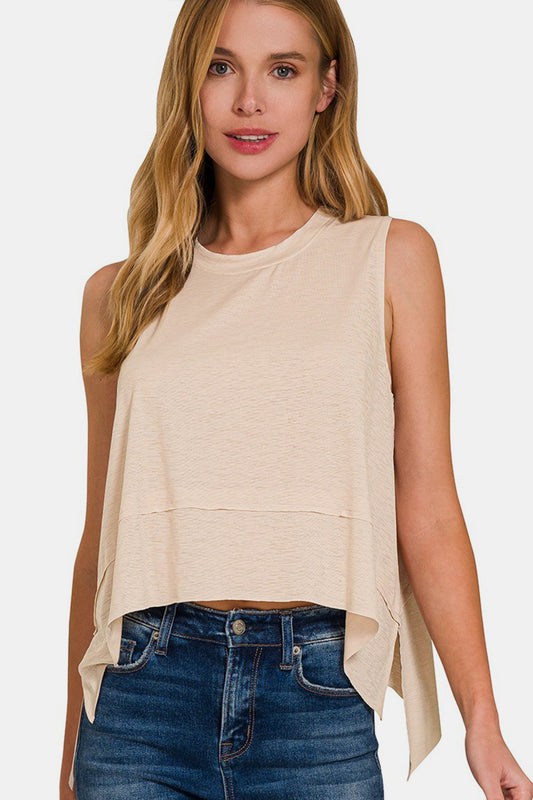 Zenana Exposed Seam Slit Round Neck Tank