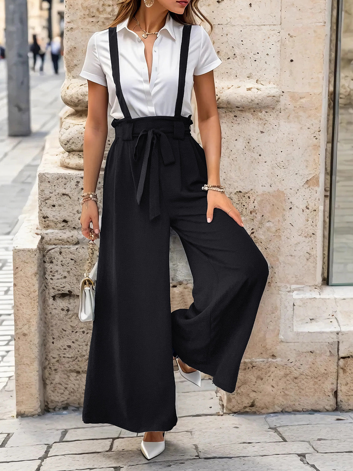 Tied Wide Leg Pants with Shoulder Straps 