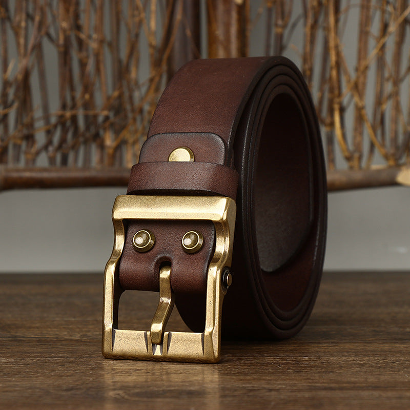 Retro Washed Matte Top-grain Leather Brass Buckle Belt 