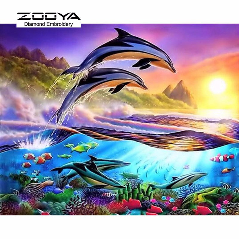 5D DIY Diamond Painting Dolphin Crystal Diamond Painting Cross  The Underwater World Needlework Home Decorative