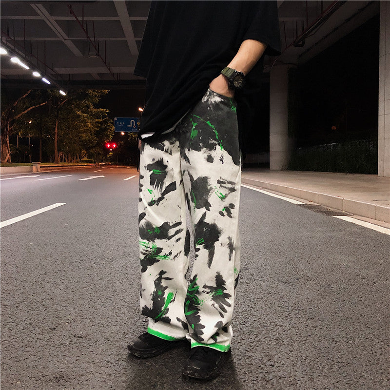 Ink splash graffiti spray paint jeans men's mop wide leg trousers