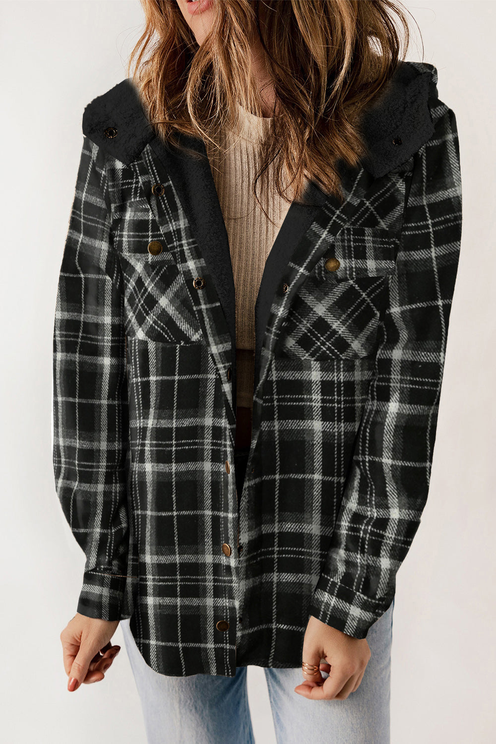 Plaid Snap Down Hooded Jacket - Babbazon Jacket