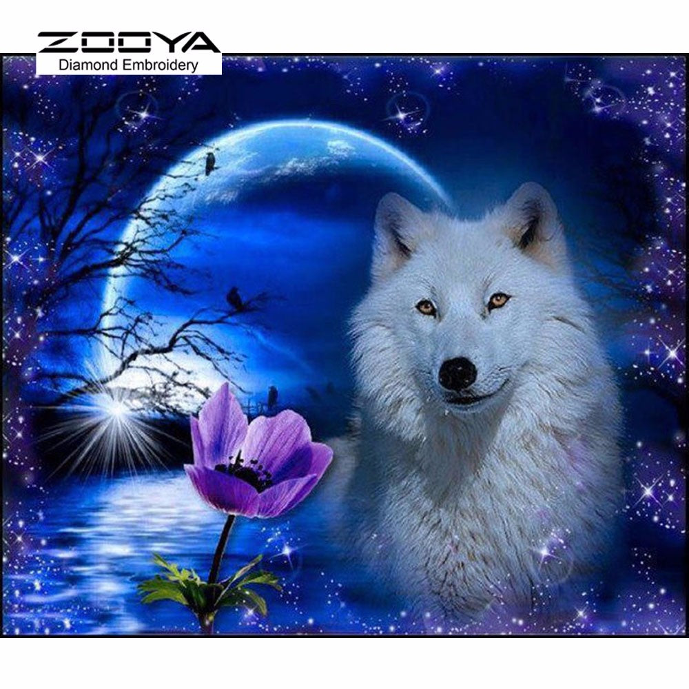 3D DIY Diamond Painting Cross Wolf & Moon Crystal Diamond Embroidery Needlework Full Diamond Set Decorative