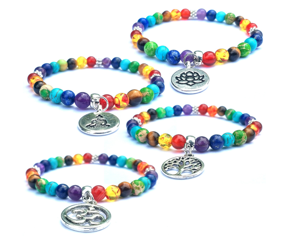 Life Tree Buddha Lotus Pendant Small Snowflake Seven Chakra Yoga 6mm Natural Stone Friendship Bead Bracelet