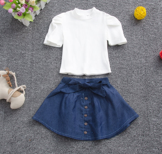 Short sleeve pit strip top + denim skirt suit