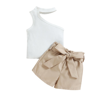 Sleeveless Slanted Shoulder Bow Shorts Girls Suit