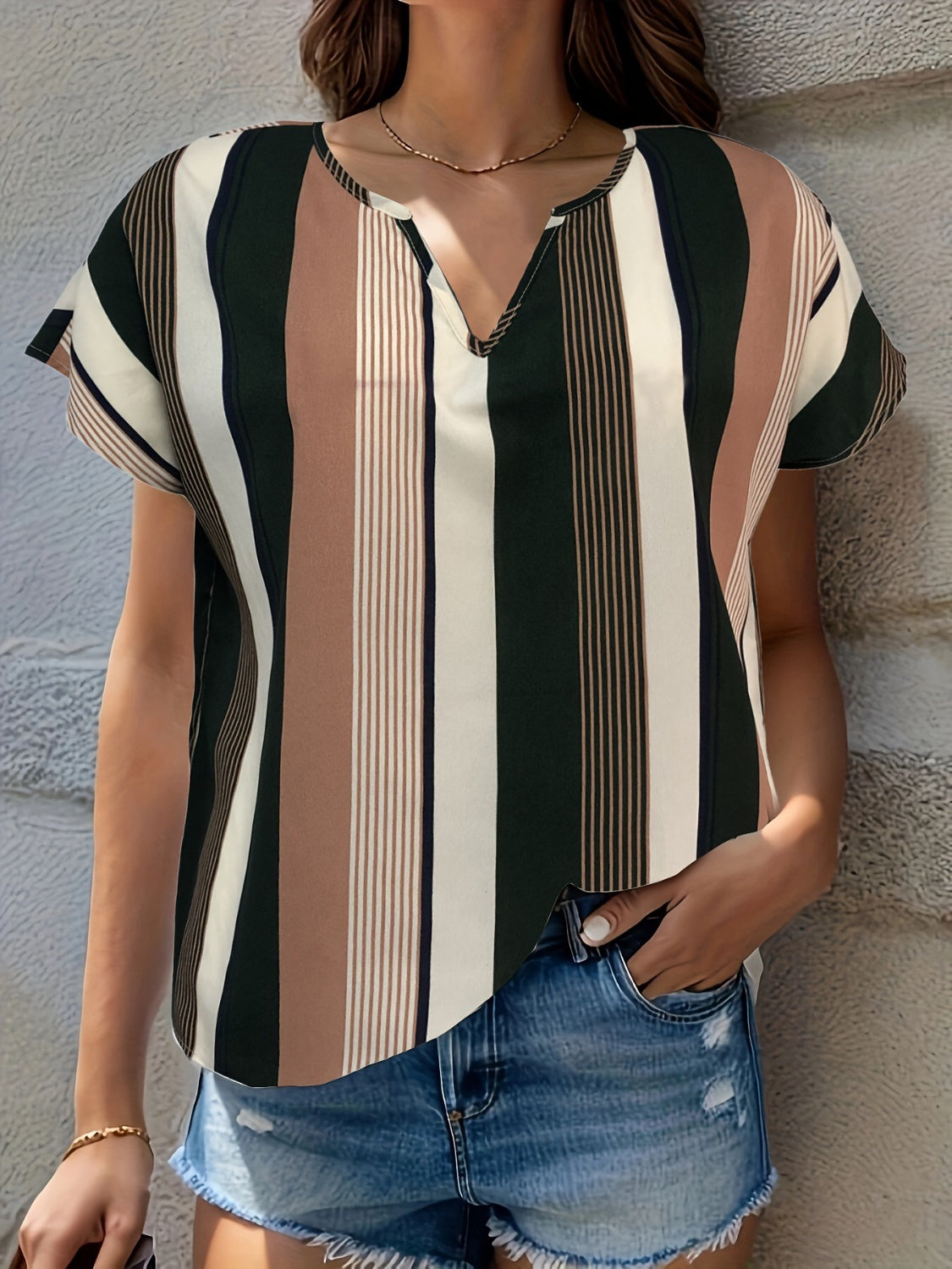 Striped Notched Short Sleeve Blouse - Babbazon New Products