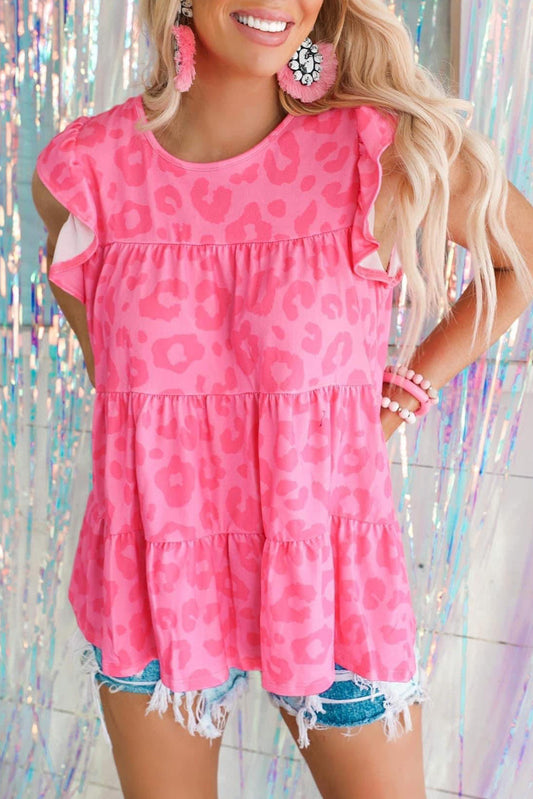 Pink Leopard Print Ruffled Sleeveless Tiered Boho Top - Babbazon T Shirts