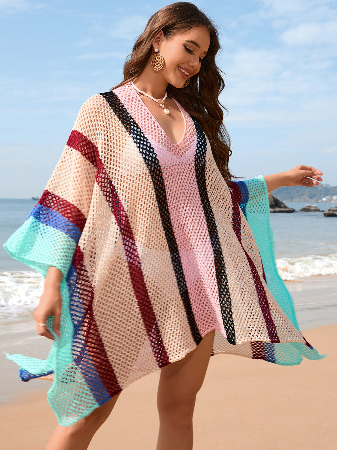 Openwork Color Block Plunge Cover-Up 