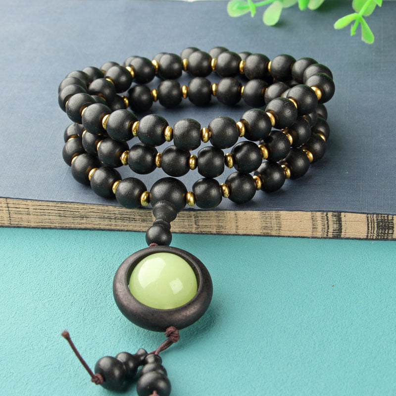 Natural Wood 108 Buddha Beads Yellow Flower Pear Ebony