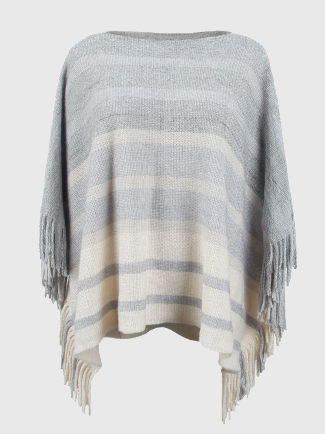 Striped Boat Neck Poncho with Fringes - Babbazon Ponchos