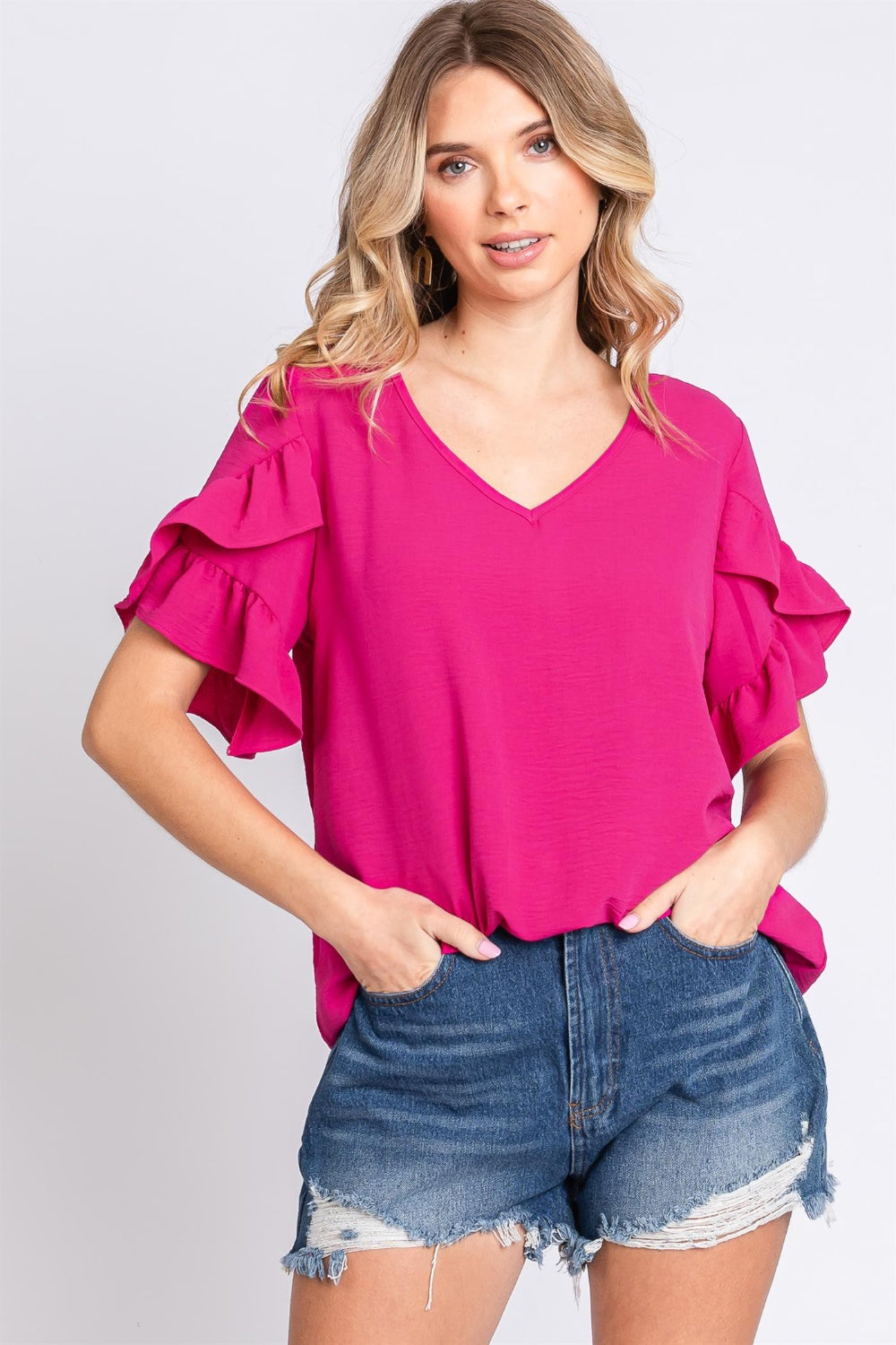 GeeGee V-Neck Ruffle Trim Short Sleeve Blouse - Babbazon PINK CLOTHING