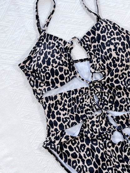 Leopard Cutout Tied One-Piece Swimsuit 