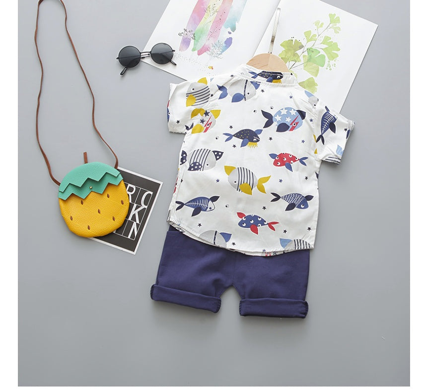 Fashion Toddler Infant Baby Kids Boys Short Sleeve Cartoon Printed Bow Tie Shirt Tops Solid Shorts Gentlement Outfits Set # p4