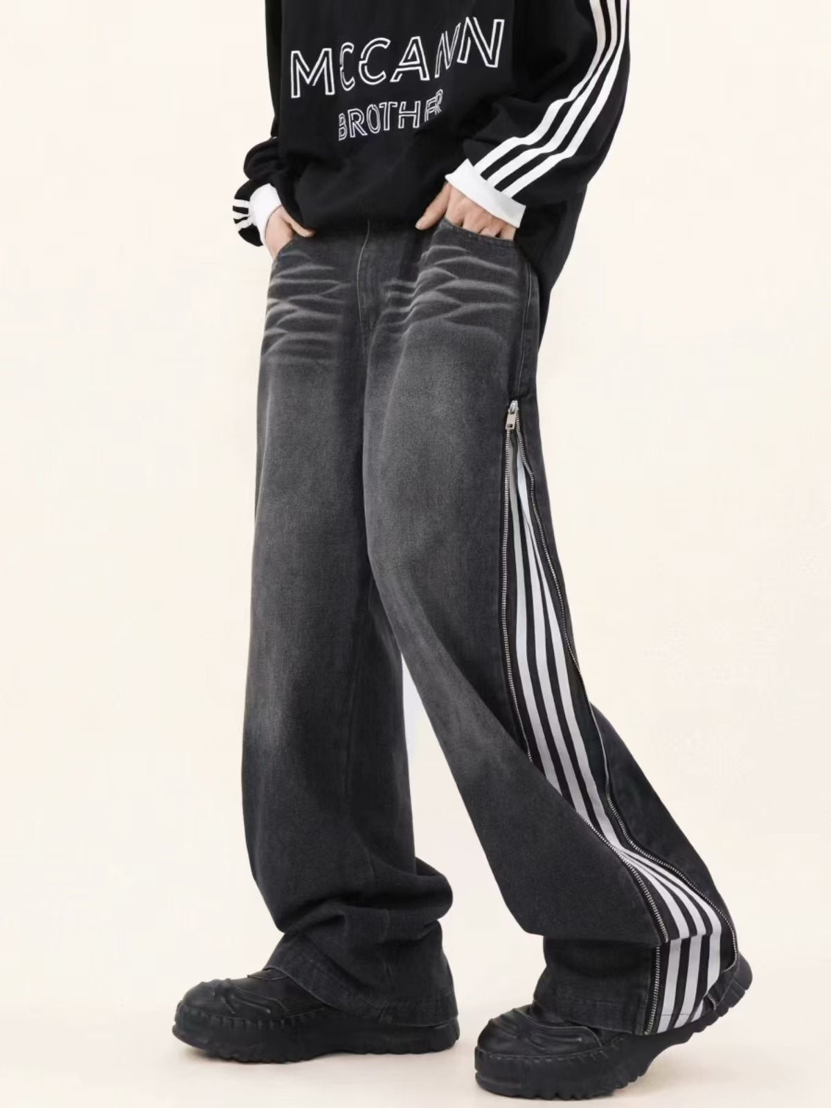 Sports Washed Striped Gray Wide Leg Leisure Jeans