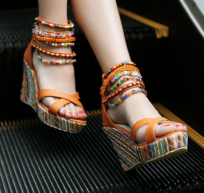 Bohemian Wedge Handmade Beaded Sandals Platform Shoes 