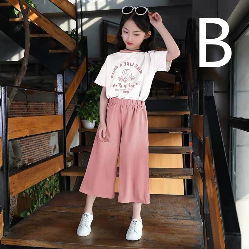 Sporty Western Style Short-sleeved Children's Wide-leg Pants Two-piece Suit