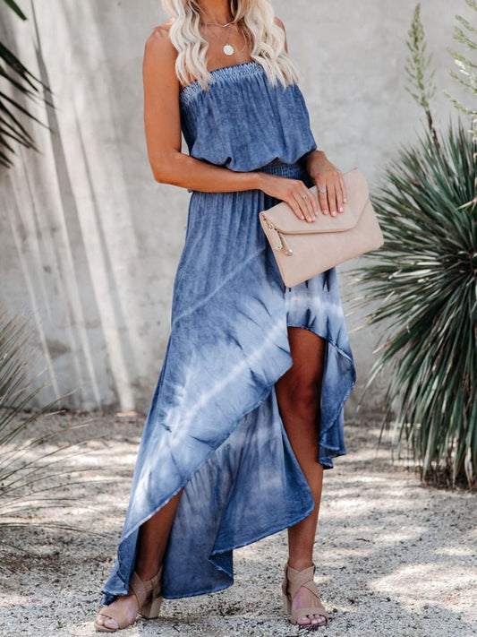 Smocked High-Low Tube Denim Dress - Babbazon New Products