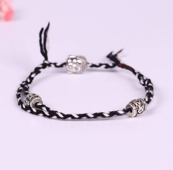 Hand-woven colorful lucky rope bracelet adjustable silver Buddha head double simple bracelet