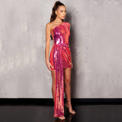 Sequin High Waist Wrap Chest Solid Sequin Long Dress