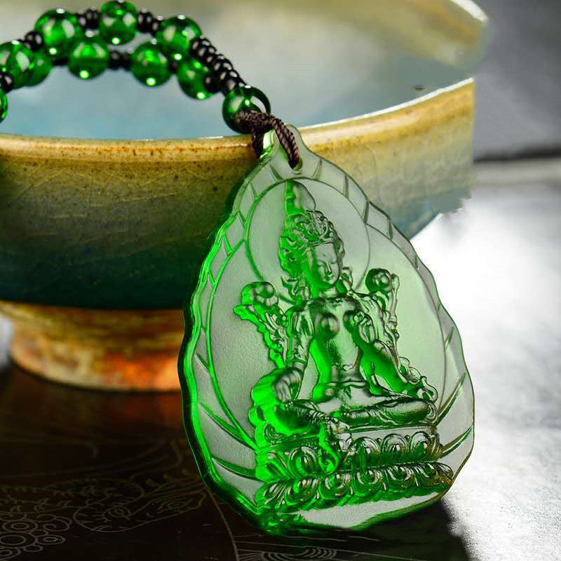 Lucite Yellow God Of Wealth Green Tulku Medicine Buddha Pendant Necklace