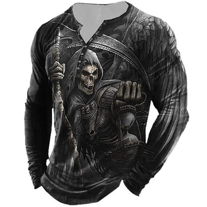 European And American Vintage Print Seven Button Open Placket Skull Long Sleeve T-shirt