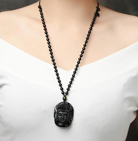 Obsidian Wolf Head Bagua Side Buddha Necklace